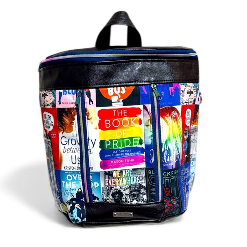 Colorful Book-Cover Print Backpack - Black Trim